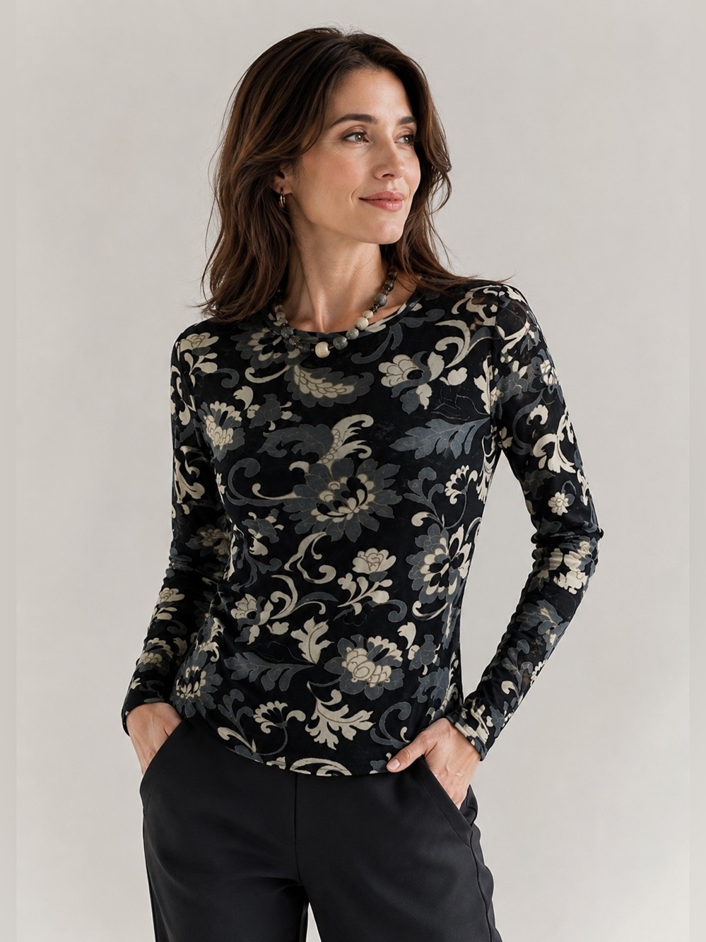 Yasuko Floral Mesh Long Sleeve Top • Size M • Very Good Condition